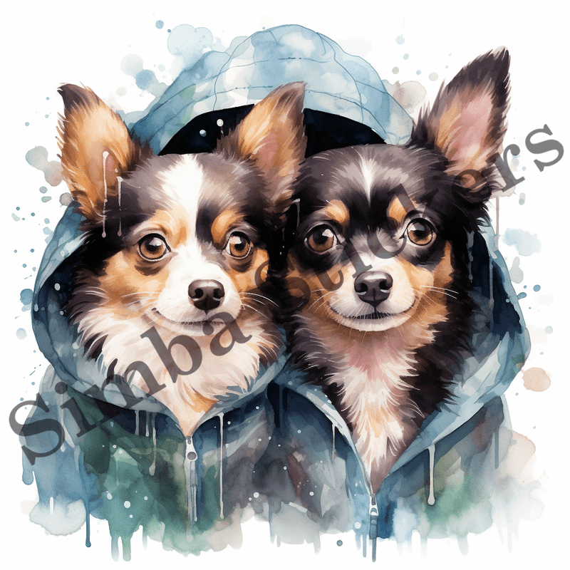 Chihuahua dogs wet in the rain, watercolour, image set, 10 images