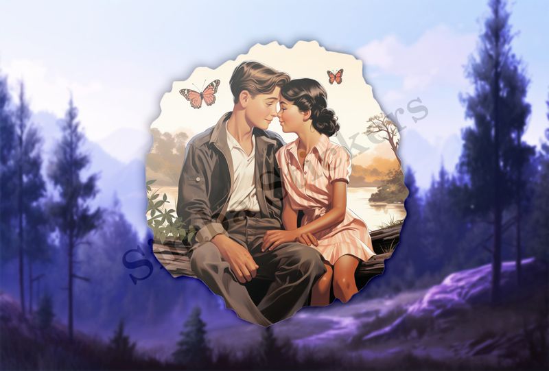 Young man and woman holding hands sitting on a log, vintage