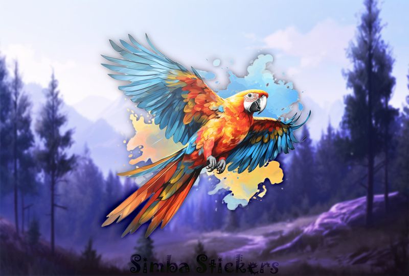 Parrot with yellow and blue background, wings outspread, watercolour, 6317of