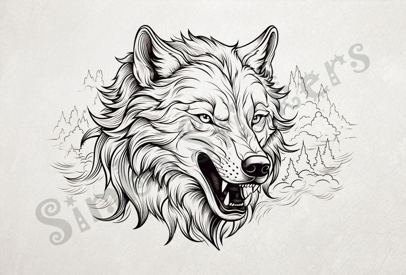 Wolf snarling, face close-up, outline art