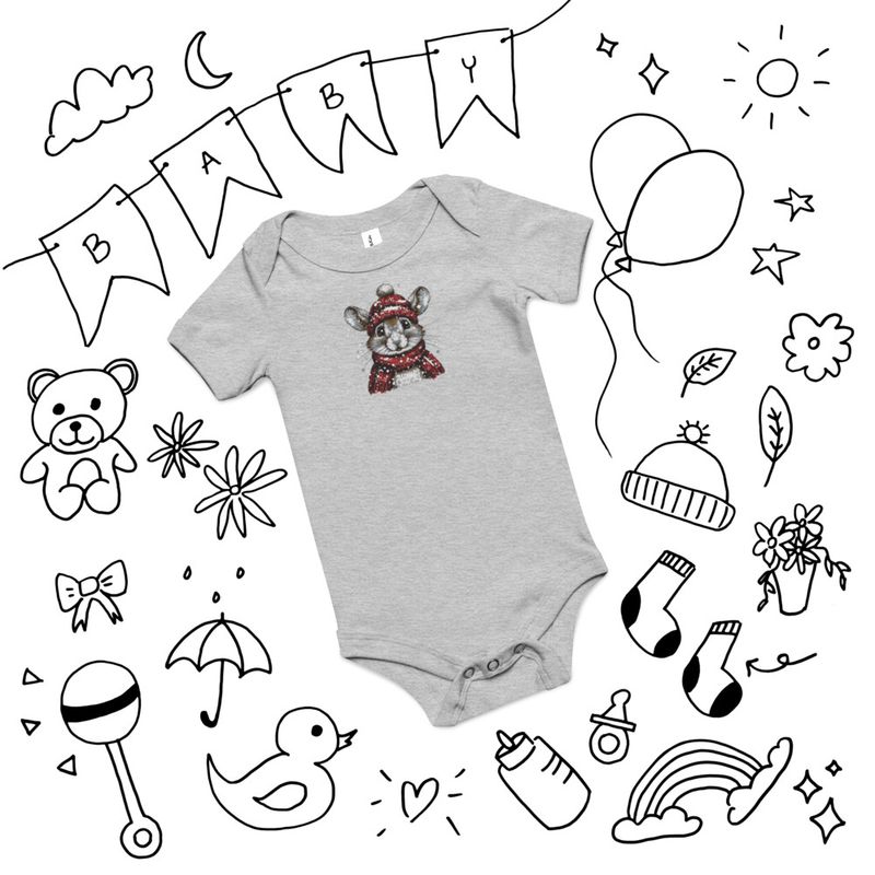 Embroidered Baby Short Sleeve One Piece, Mouse wearing red winter hat and scarf in the snow, xg8dl3