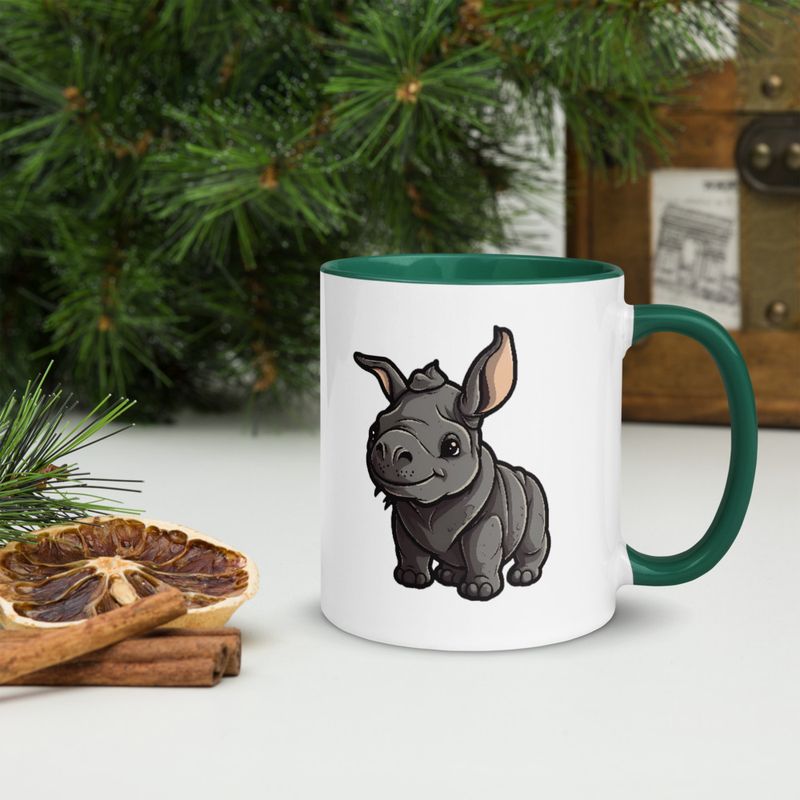 White Ceramic Mug with Color Inside, 11oz &amp; 15oz, Black rhino calf looking cute 