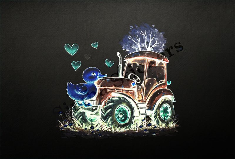 Duckling with chin over farmer&#x27;s tractor