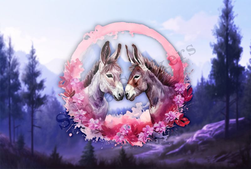 Donkeys in love, purple leaves, watercolour