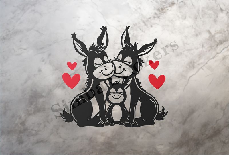 Donkey family, parents in love, hearts in picture, outline art