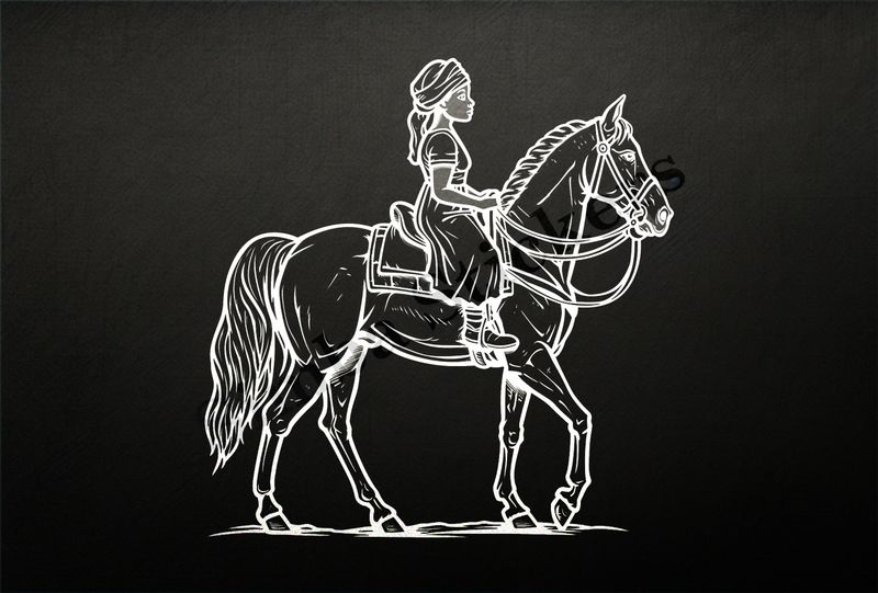 Horse with young female rider outline art