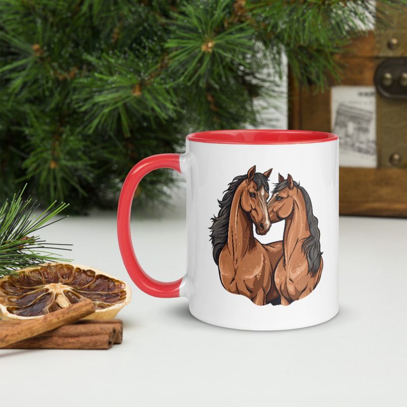 White Ceramic Mug with Color Inside, 11&amp;15oz, Two brown horses snuggling, tdwcyd