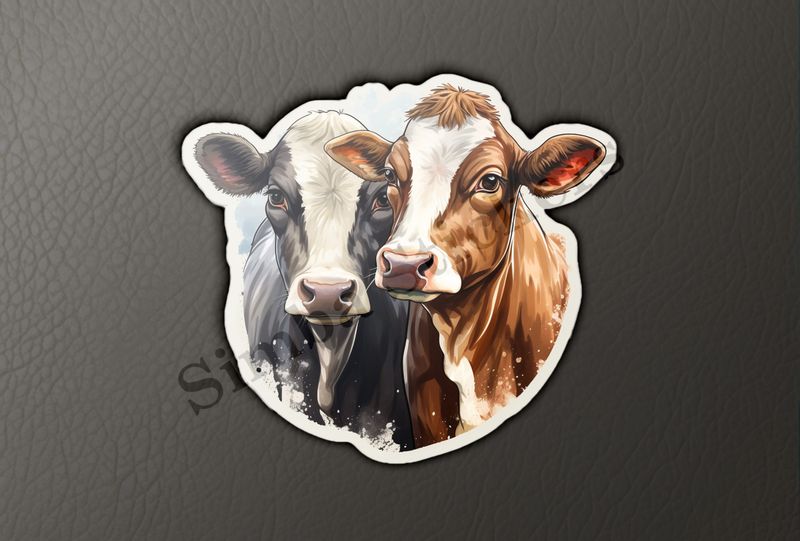 Cows, black and brown,  cheek-to-cheek, watercolour