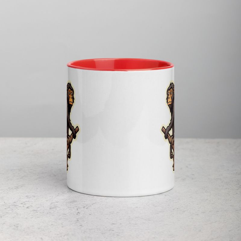 White Ceramic Mug with Color Inside, 11oz &amp; 15oz, Baboon on a tree, looking sad, head-to-head