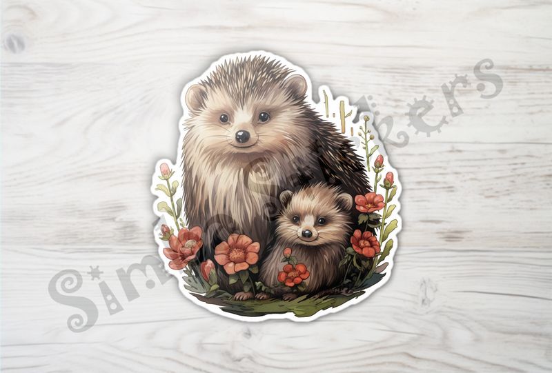 Porcupine mother with child amongst flowers
