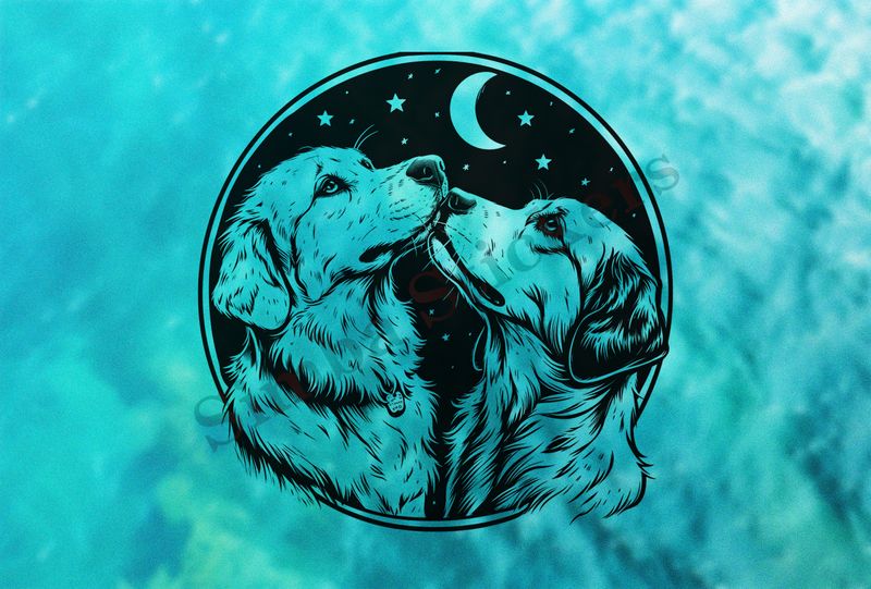 Dogs nose-to-nose under a crescent moon, outline art