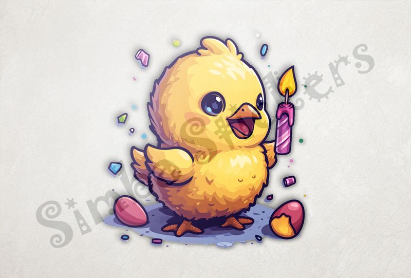 Chick happy holding up birthday candle