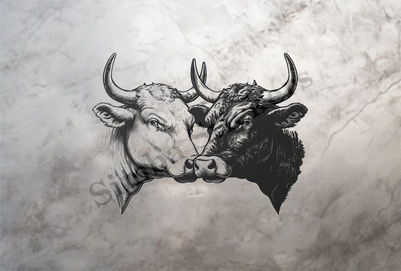 Cattle, bull and cow cheek-to-cheek, one black, other white, outline art