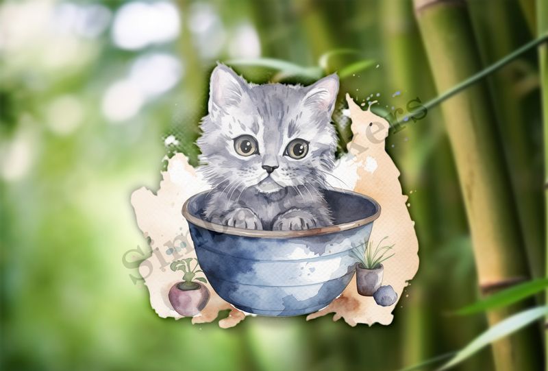 Kitten cat in bowl, watercolour