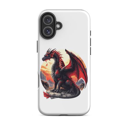 Tough Case for iPhone, Black and red dragon perching on a high rock in the sunset, ufiusf