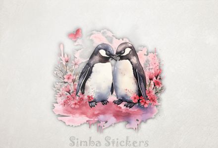 Penguins in love beak-to-beak in romantic colours, watercolour, tg8437k