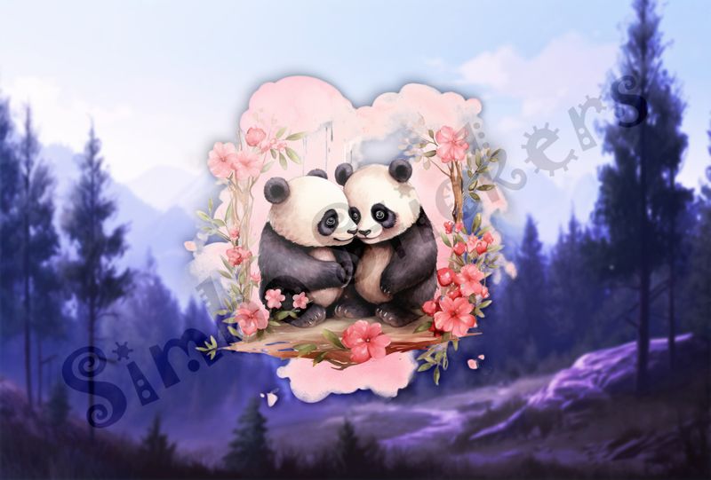 Panda bears in love, rosy background, kahr3b