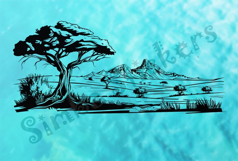 African Savanna landscape, interspersed with trees, mountain range afar, outline art