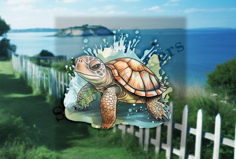 Tortoise walking and splashing, watercolour