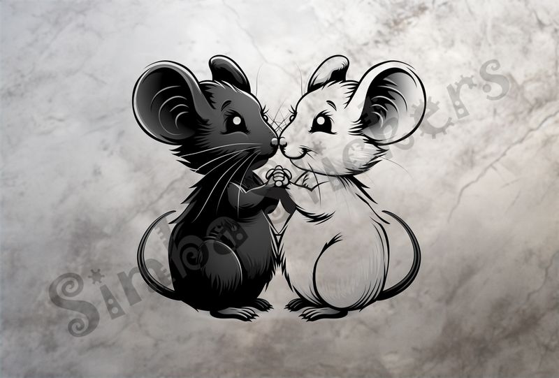 Mice nose-to-nose, holding hands, outline art