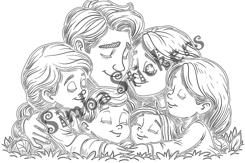Colouring pages, bundle of people, elderly and grandparents with children, 50 images