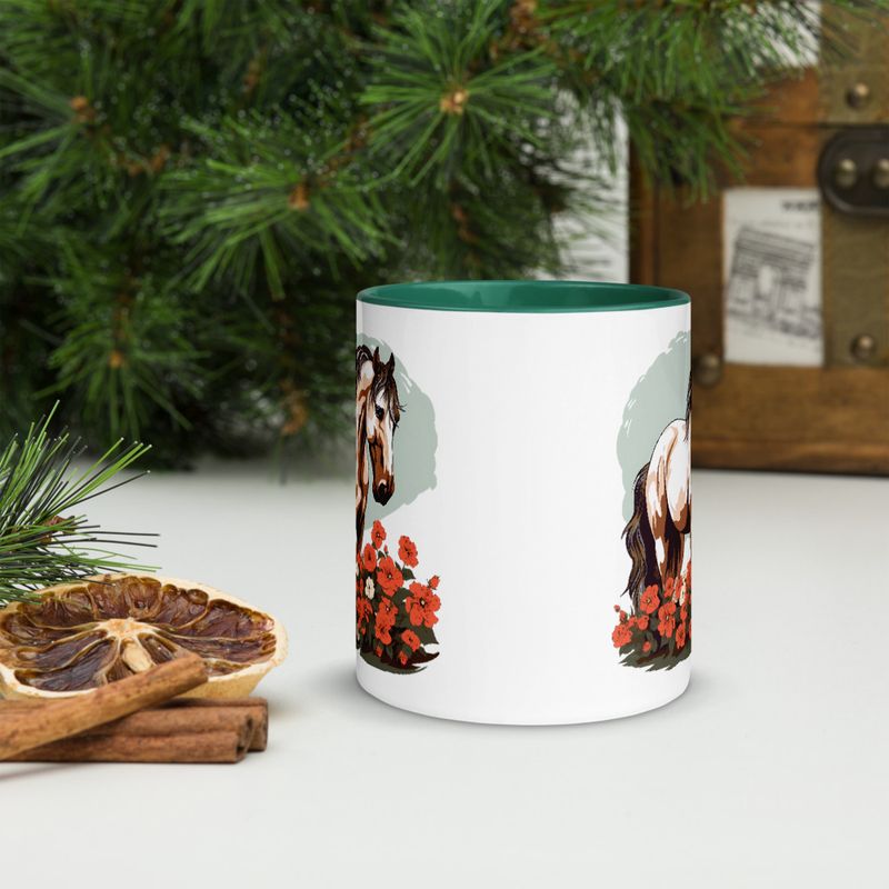 White Ceramic Mug with Color Inside, 11&amp;15oz, Brown horse in field of red flowers, n4w2fj