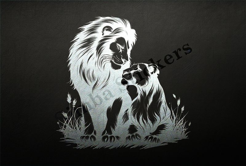 Lioness cuddling and looking up to lion ,  outline art