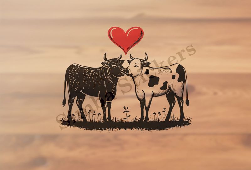 Bull and cow nose-to-nose romantically ,  outline art