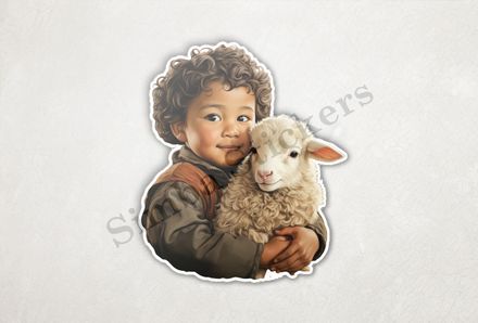 Lamb hugged by small boy of Asian origin, vintage