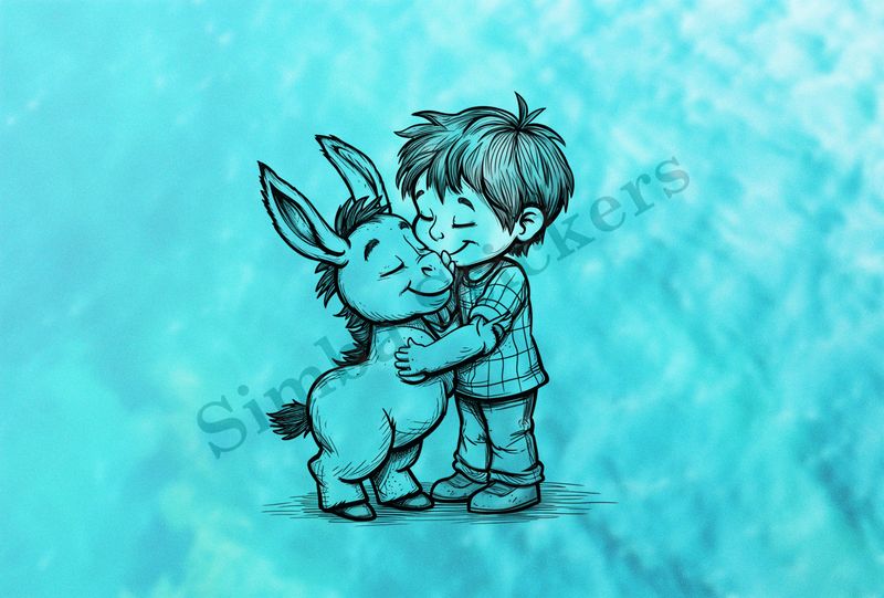 Small donkey hugging a small boy, outline art