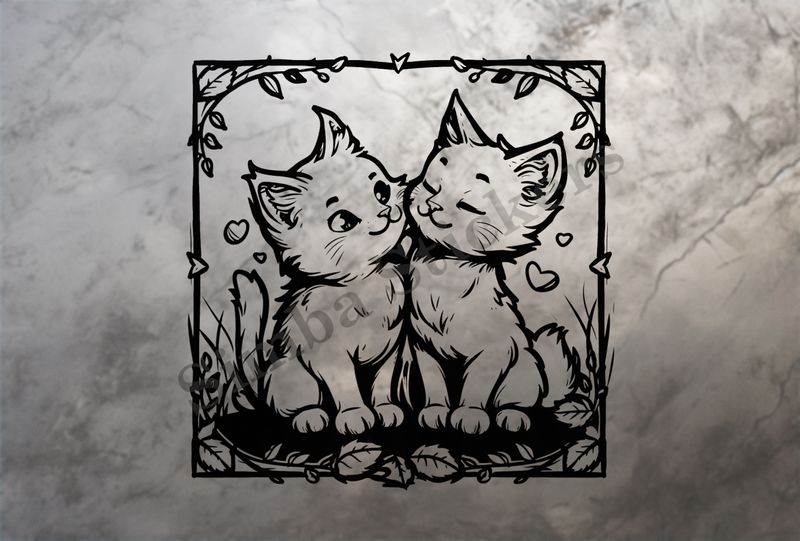 Cat kittens in love, framed, outline art