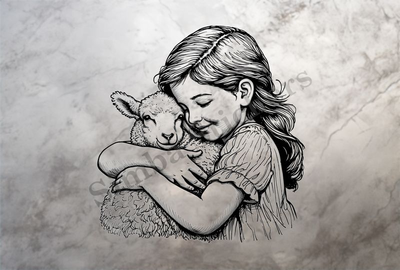 Sheep lamb hugged by girl of European origin, outline art
