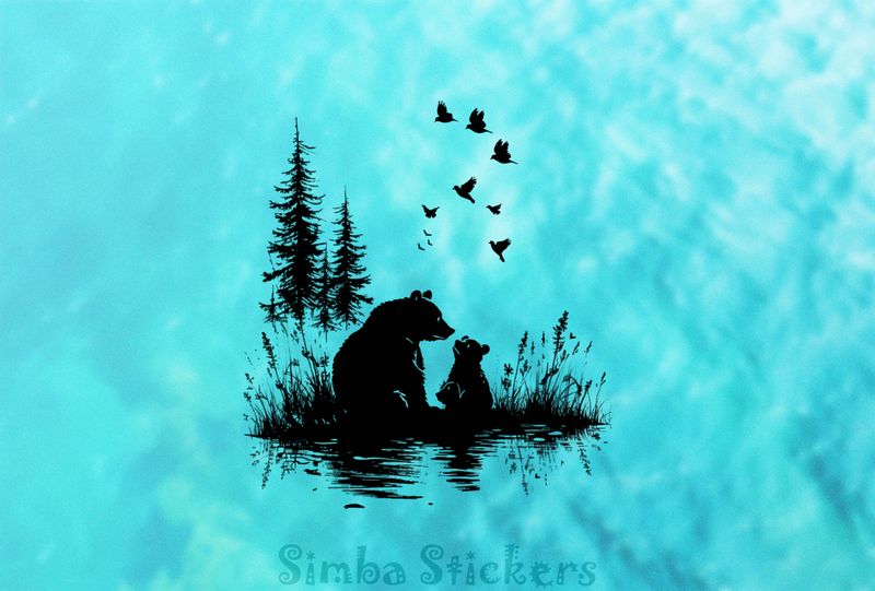 Bear mother with one bear cub, outline art, 7i3bg7