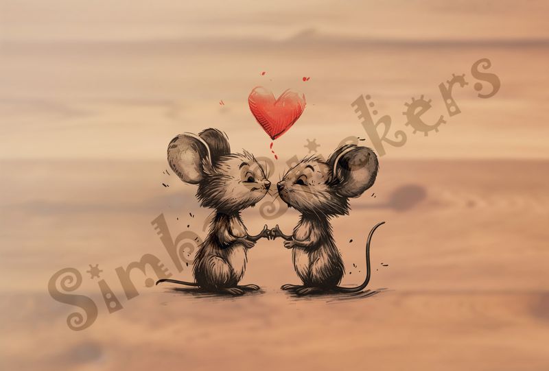 Mice about to kiss, romantic heart above, outline art