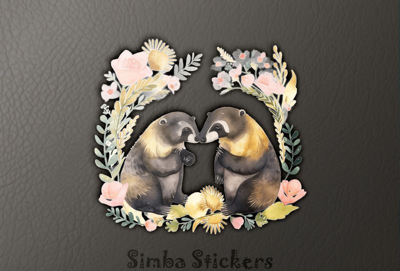 Honey Badgers surrounded by romantic laurel wreath, watercolour, mncsz5