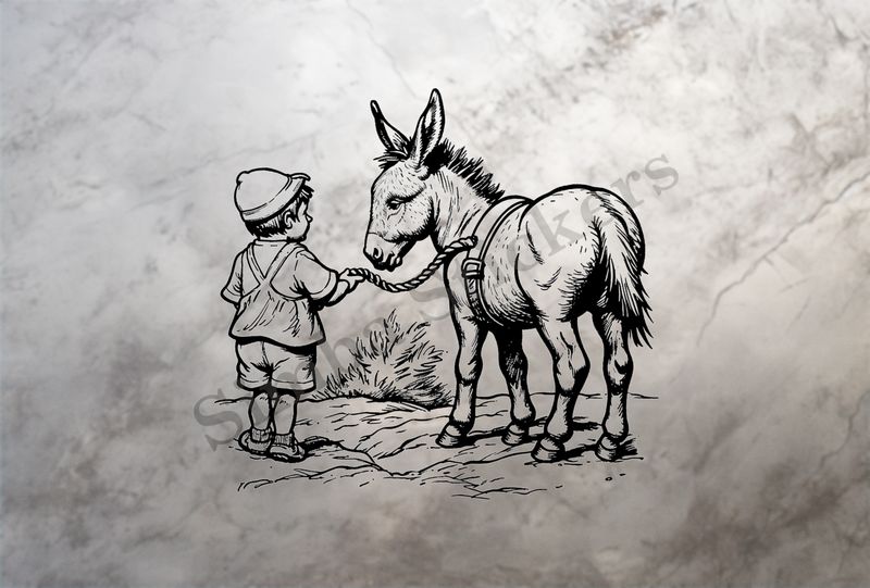 Donkey led on a rope by a small boy in a hat, outline art