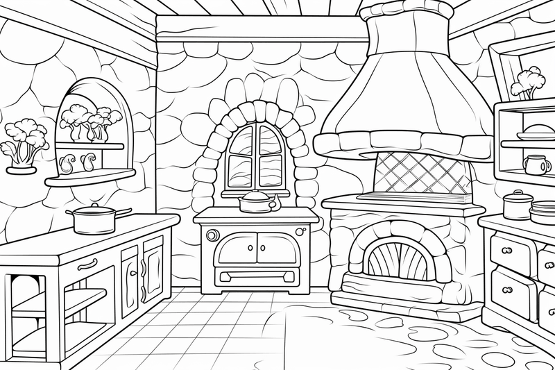 Colouring pages, bundle of house kitchens with stone ovens, 10 images