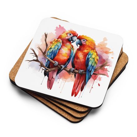 Cork-Back Coaster, Parrots in love perching nose-to-nose in pinkish background, cpi3i9, mirrored