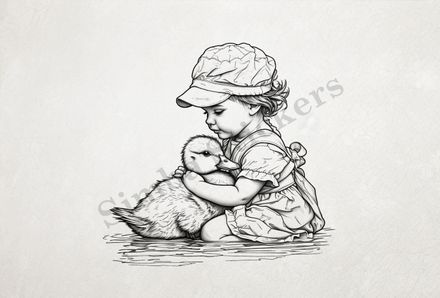 Small girl hugging duckling in a pond wearing a cap, outline art