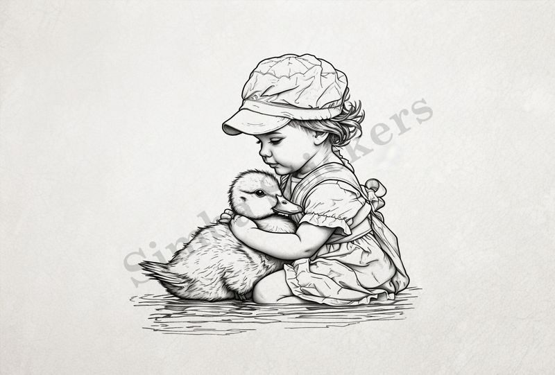 Small girl hugging duckling in a pond wearing a cap, outline art