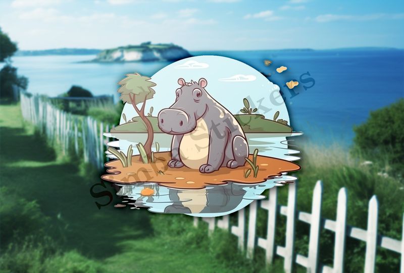 Cute hippo on an island in a pond