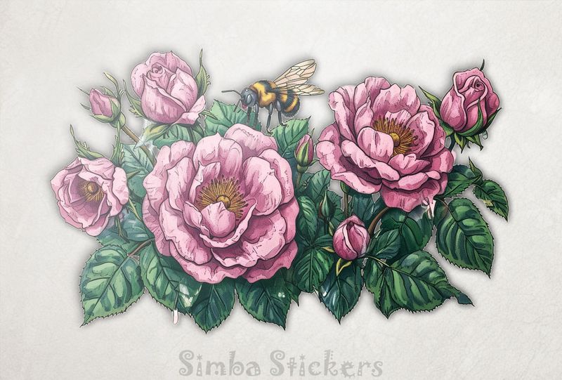 Bee on pink rose flowers, watercolour