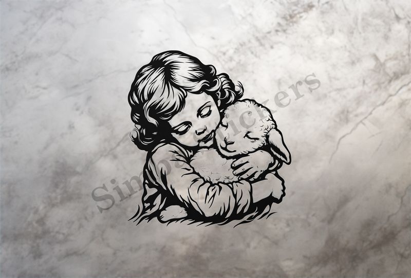 Small lamb cheek-to-cheek with girl , outline art