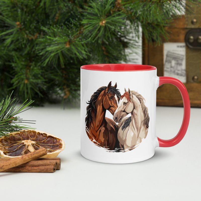 White Ceramic Mug with Color Inside, 11&amp;15oz, Horses nose-to-nose, jbgjpy