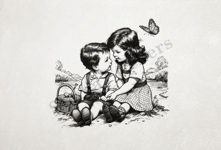 Boy and girl sitting with back to river, outline art