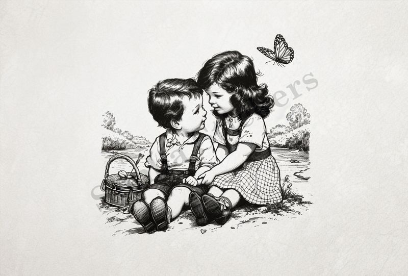 Boy and girl sitting with back to river, outline art