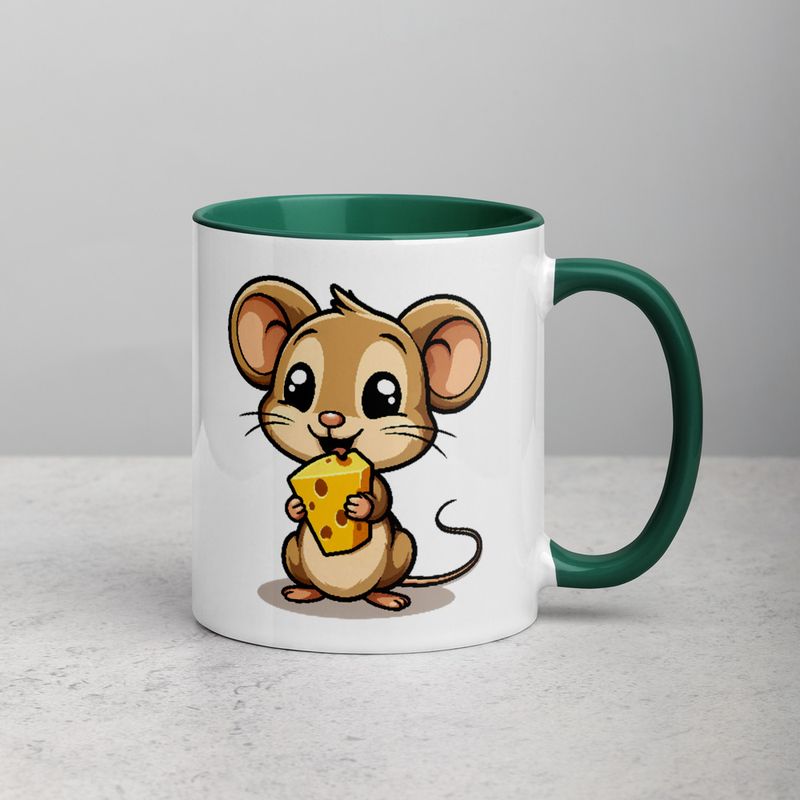White Ceramic Mug with Color Inside,11&amp;15oz,Small Mouse happily licking large chunk of cheese,pqapy6
