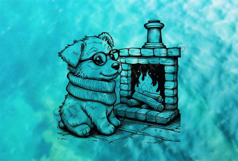 Cute dog in glasses by the fireplace, outline art