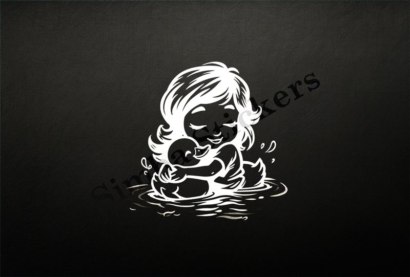 Small girl hugging duckling in a pond, outline art