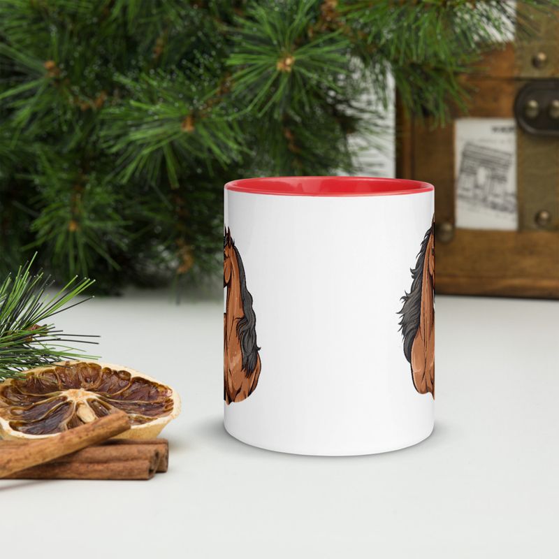 White Ceramic Mug with Color Inside, 11&amp;15oz, Two brown horses snuggling, tdwcyd